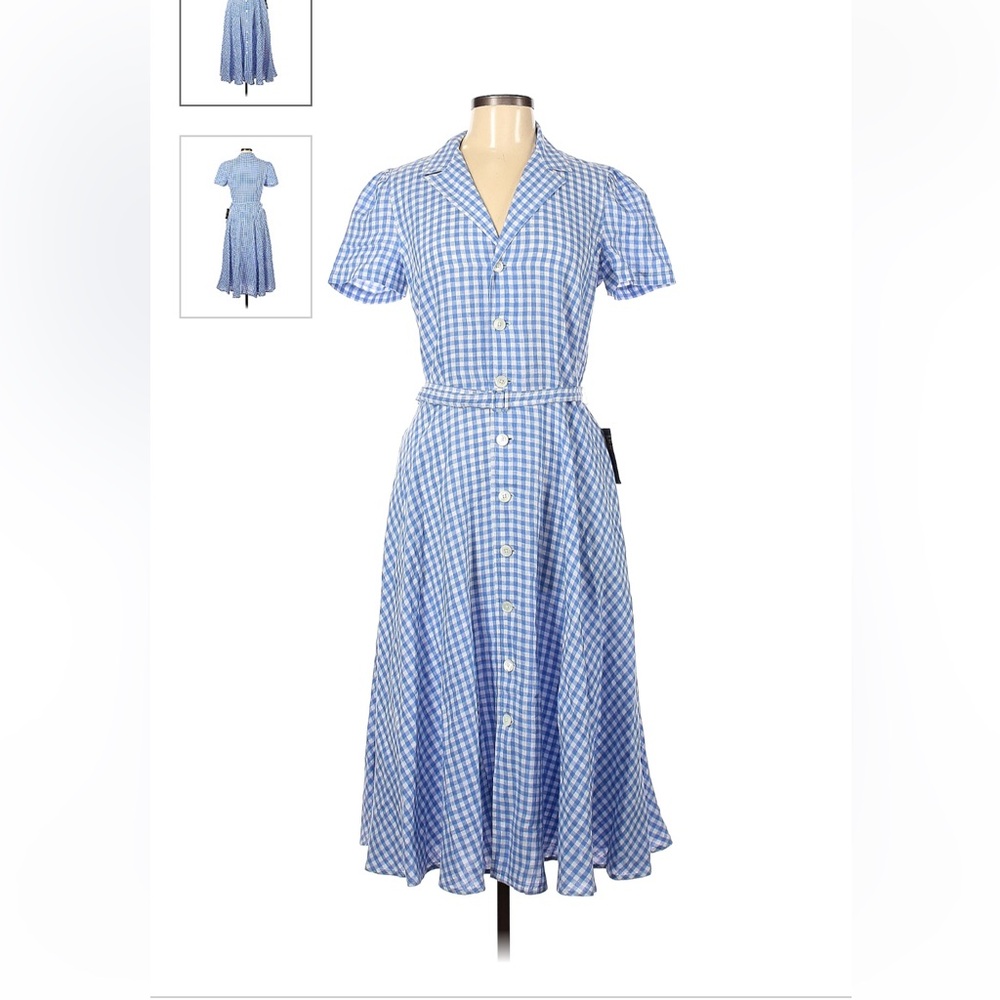 Ralph Lauren Blue and White Gingham Linen Midi Dress Size 6